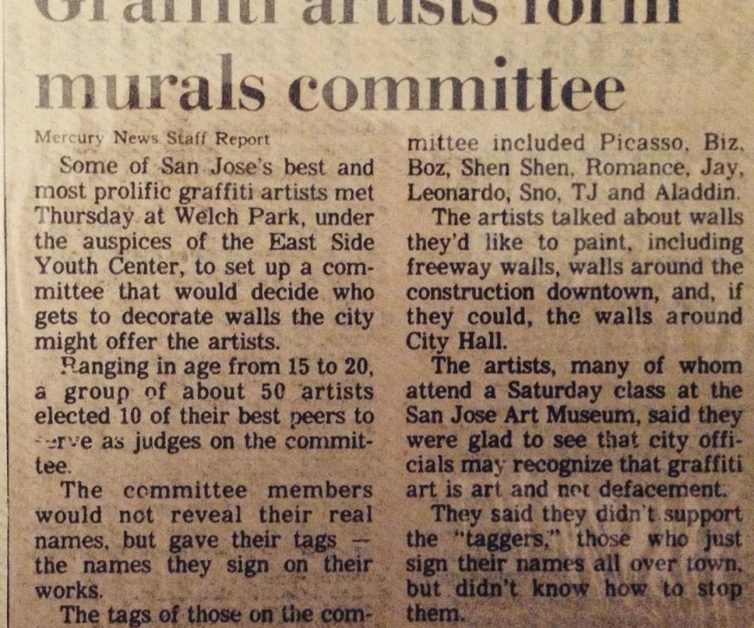 The San Jose Mercury News Article. Graffiti Artist Aladdin